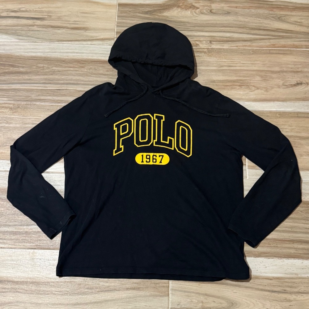 Polo Ralph Lauren Mens Black Yellow 1967 Graphic Hooded Long Sleeve T-Shirt L